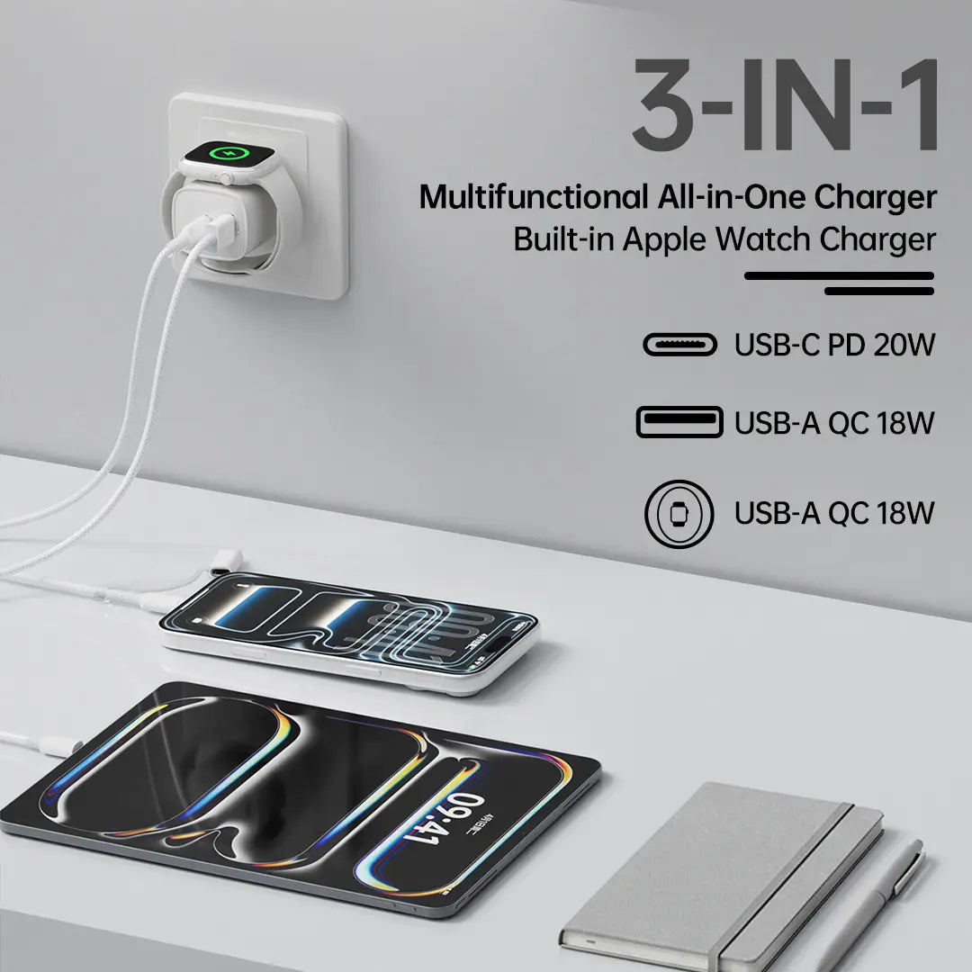 2 Pack 3-In-1 Charger Block Compatible with Apple Watch, Built-In Watch Charger, USB-C USB-A Wall Charger for Iphone, Airpods, Traveling Gadgets