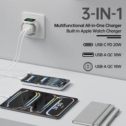 2 Pack 3-In-1 Charger Block Compatible with Apple Watch, Built-In Watch Charger, USB-C USB-A Wall Charger for Iphone, Airpods, Traveling Gadgets