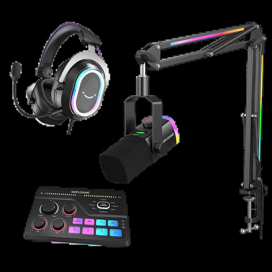 FIFINE Streaming & Gaming Ultimate Bundle Kit Am8Prot Microphone Kit + SC8 Audio Mixer + H13 Headset