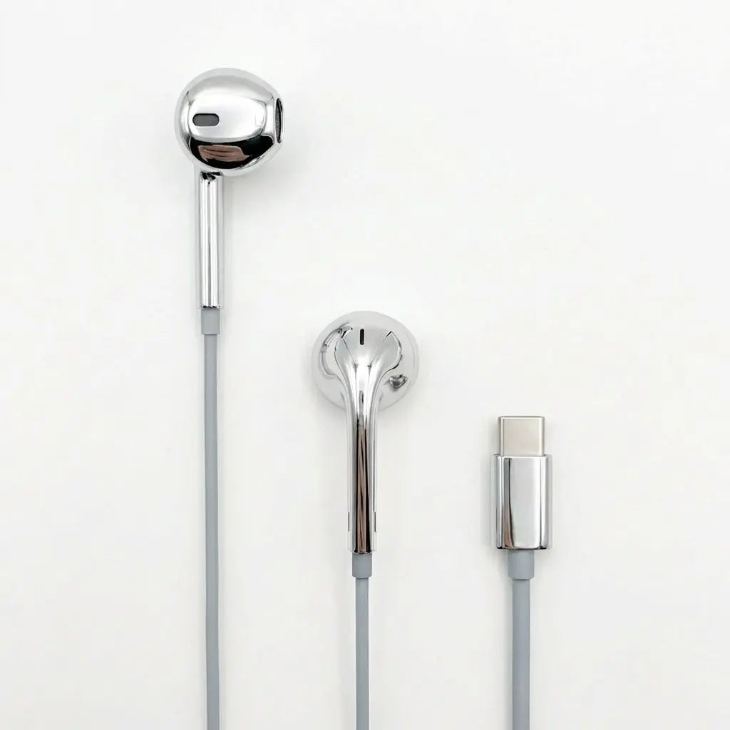 Chrome-Finished Wired Earbuds - Functional Types: USB-C, Lightning, 3.5mm, Trendy Y2K Design