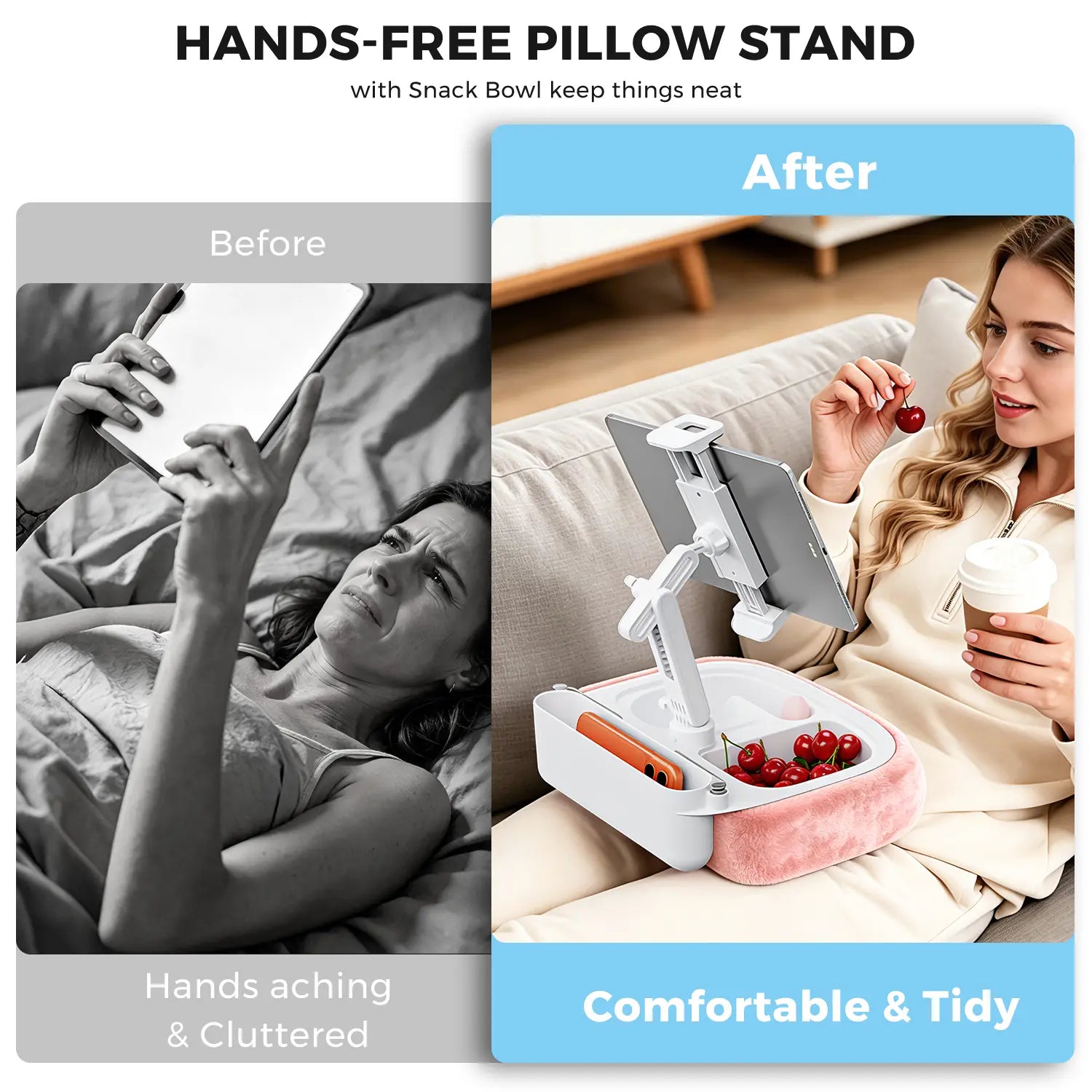 Esamcore Adjustable Tablet Pillow Stand with Snack Tray - Compatible with 4.7-14.6" Devices for Hands-Free Viewing on Bed, Couch, or Floor - Soft, Machine Washable Cover