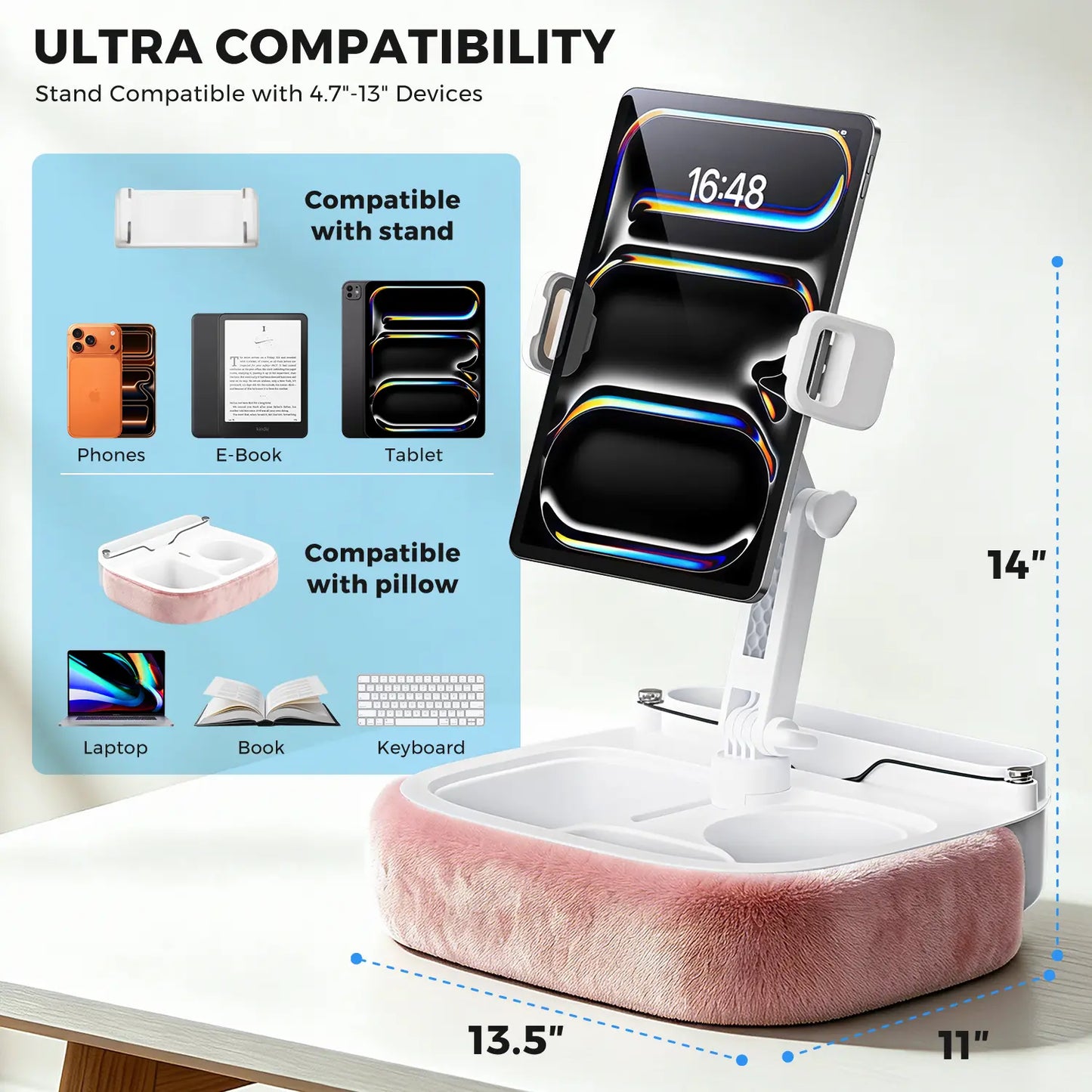 Esamcore Adjustable Tablet Pillow Stand with Snack Tray - Compatible with 4.7-14.6" Devices for Hands-Free Viewing on Bed, Couch, or Floor - Soft, Machine Washable Cover