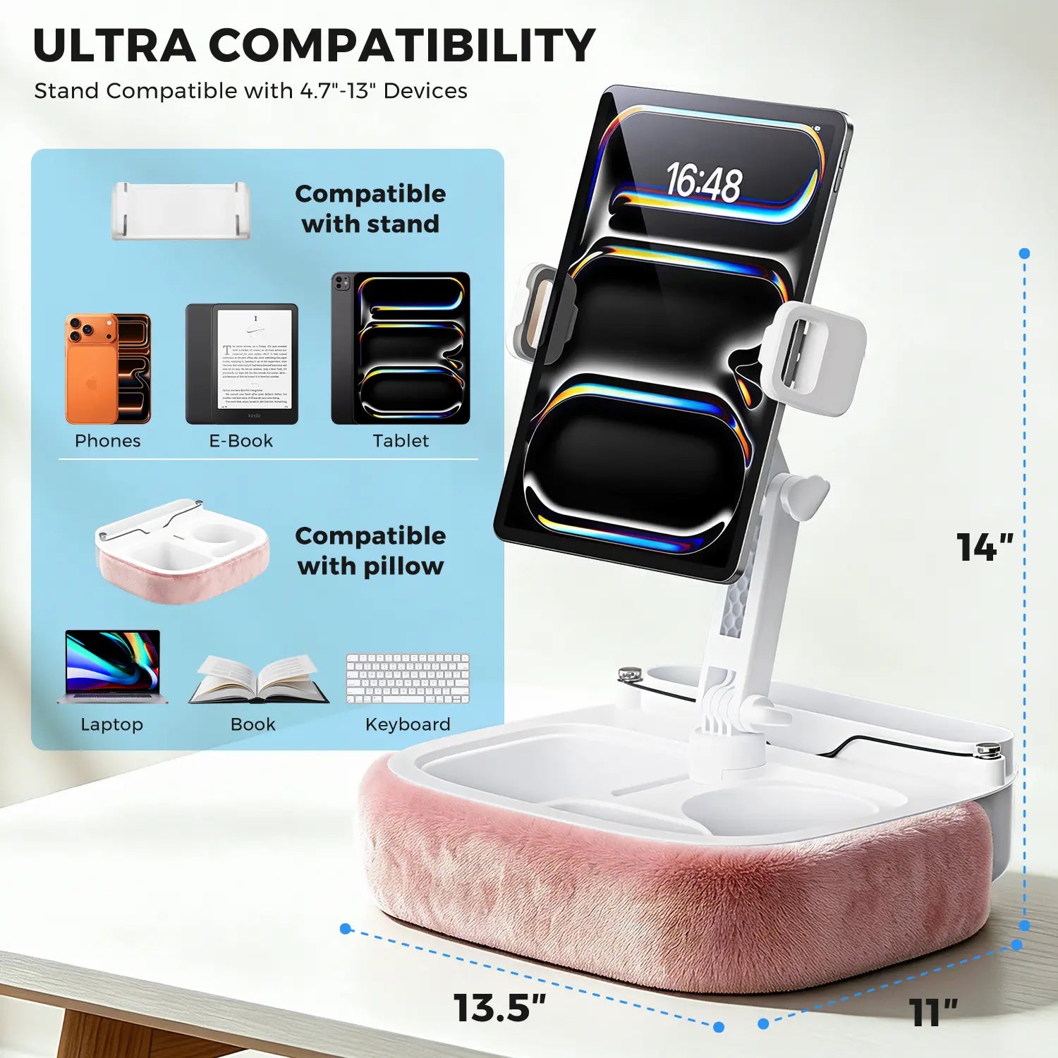 Esamcore Adjustable Tablet Pillow Stand with Snack Tray - Compatible with 4.7-14.6" Devices for Hands-Free Viewing on Bed, Couch, or Floor - Soft, Machine Washable Cover