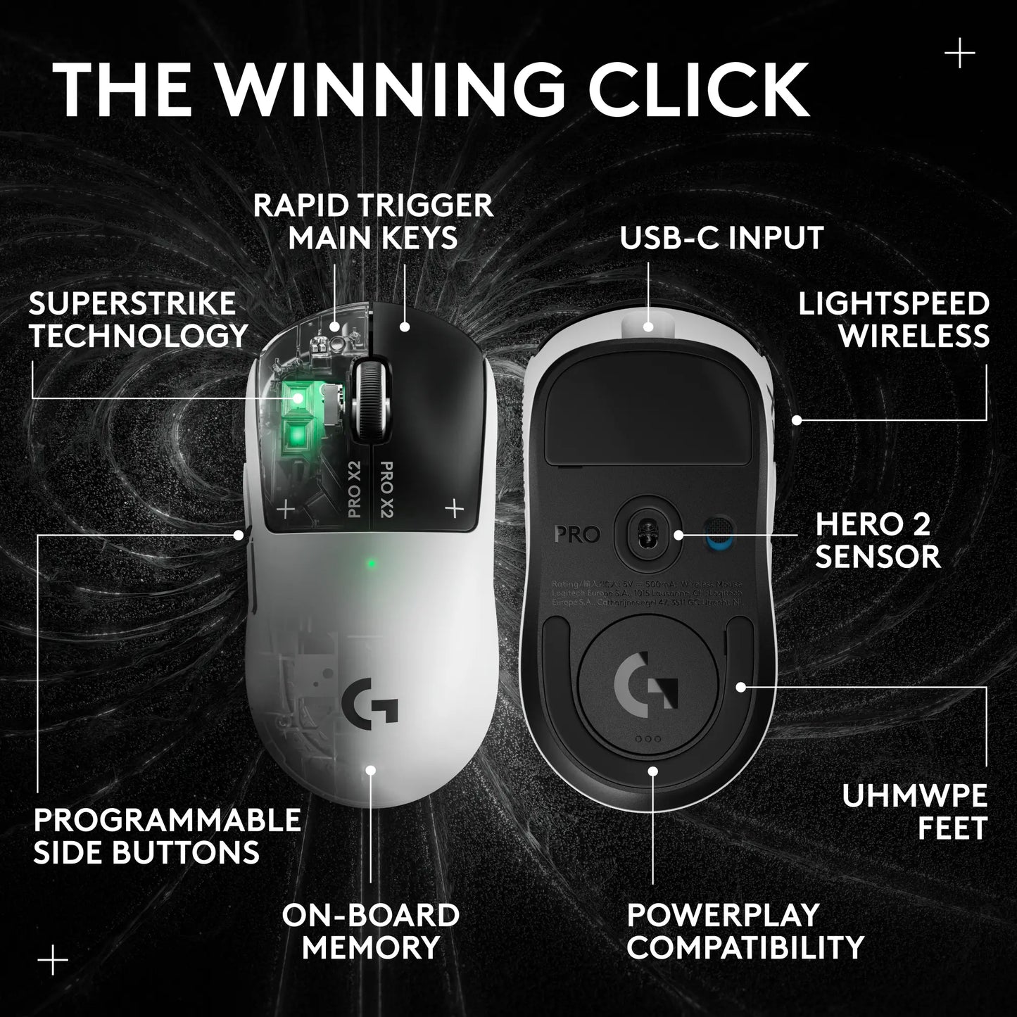 Logitech PRO X2 SUPERSTRIKE LIGHTSPEED Wireless Gaming Mouse, Ultra-Fast Performance, Ultra Lightweight (61 G), Customizable Click Haptics, USB-C Charging, for Pc/Mac/Laptop