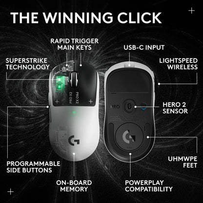Logitech PRO X2 SUPERSTRIKE LIGHTSPEED Wireless Gaming Mouse, Ultra-Fast Performance, Ultra Lightweight (61 G), Customizable Click Haptics, USB-C Charging, for Pc/Mac/Laptop