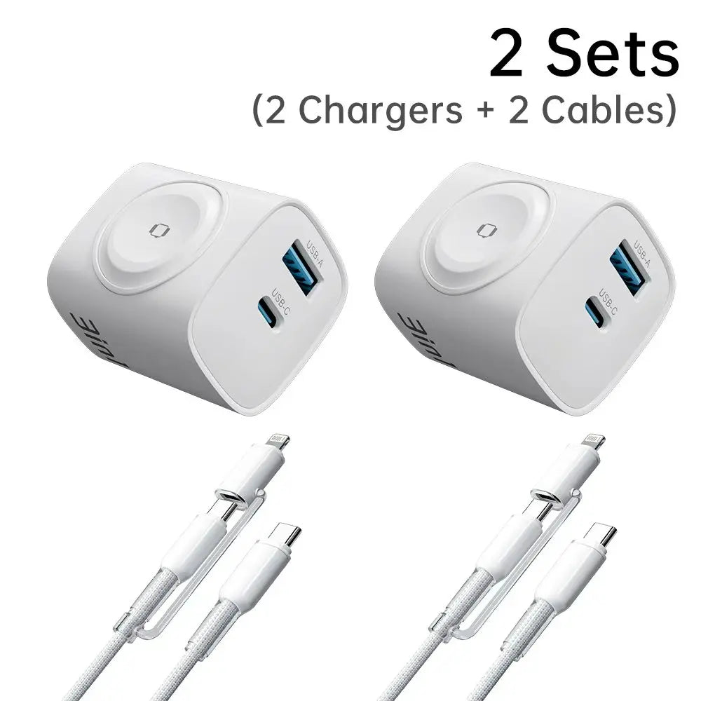 2 Pack 3-In-1 Charger Block Compatible with Apple Watch, Built-In Watch Charger, USB-C USB-A Wall Charger for Iphone, Airpods, Traveling Gadgets