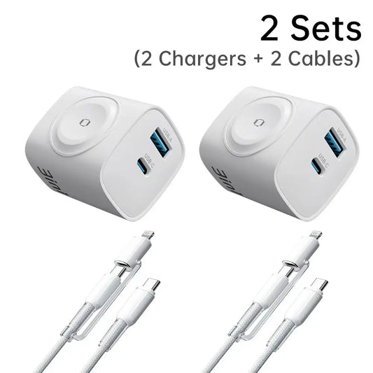 2 Pack 3-In-1 Charger Block Compatible with Apple Watch, Built-In Watch Charger, USB-C USB-A Wall Charger for Iphone, Airpods, Traveling Gadgets