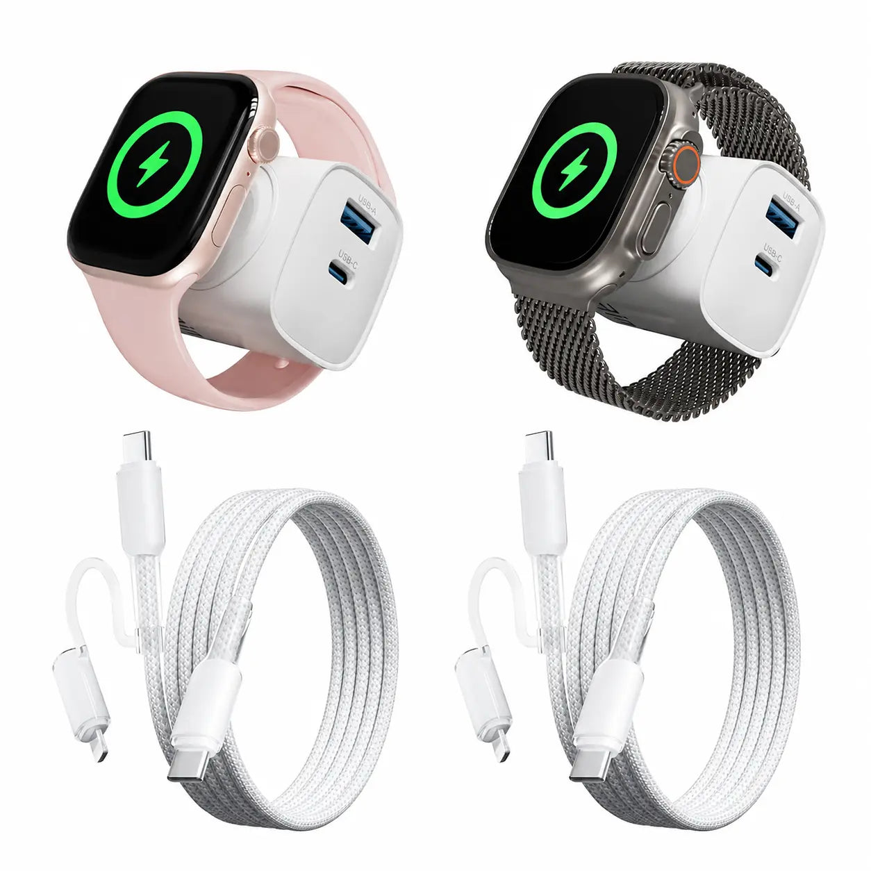 2 Pack 3-In-1 Charger Block Compatible with Apple Watch, Built-In Watch Charger, USB-C USB-A Wall Charger for Iphone, Airpods, Traveling Gadgets