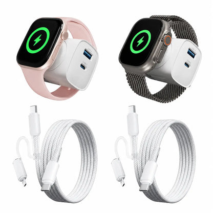 2 Pack 3-In-1 Charger Block Compatible with Apple Watch, Built-In Watch Charger, USB-C USB-A Wall Charger for Iphone, Airpods, Traveling Gadgets