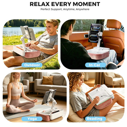 Esamcore Adjustable Tablet Pillow Stand with Snack Tray - Compatible with 4.7-14.6" Devices for Hands-Free Viewing on Bed, Couch, or Floor - Soft, Machine Washable Cover