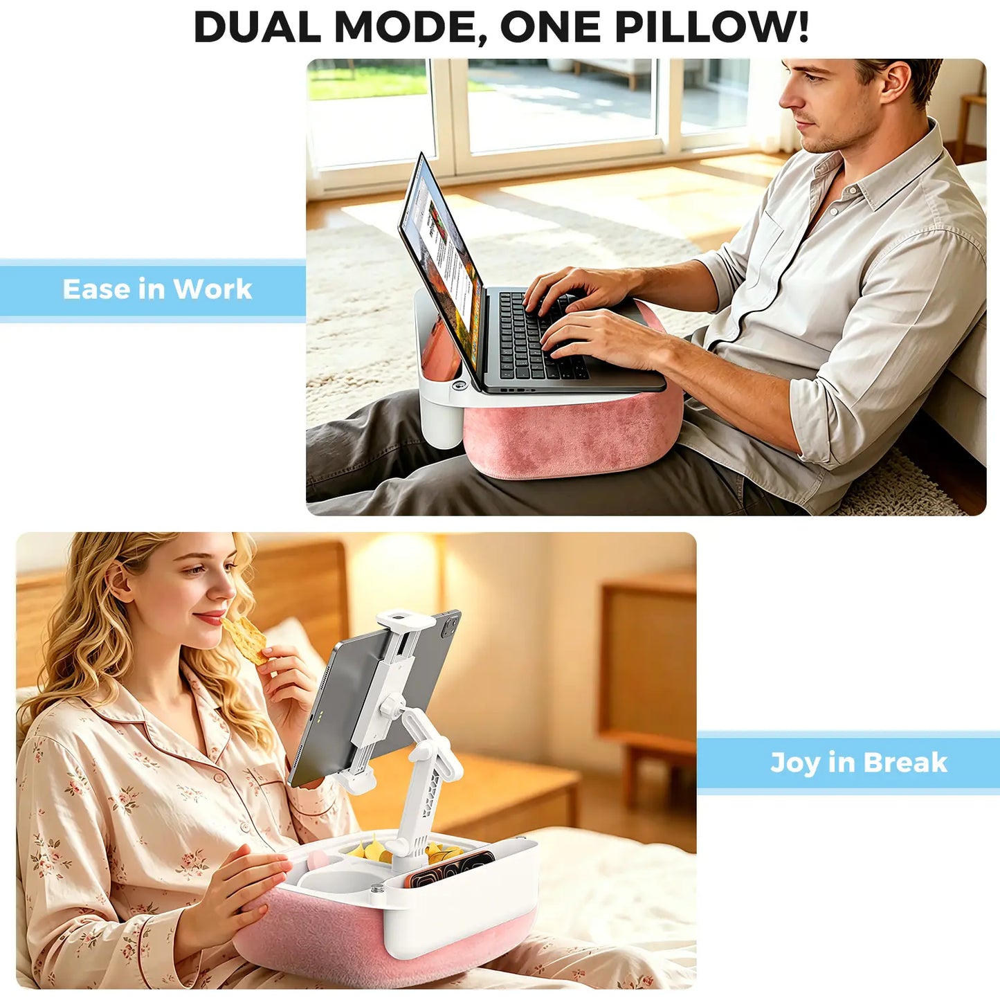 Esamcore Adjustable Tablet Pillow Stand with Snack Tray - Compatible with 4.7-14.6" Devices for Hands-Free Viewing on Bed, Couch, or Floor - Soft, Machine Washable Cover