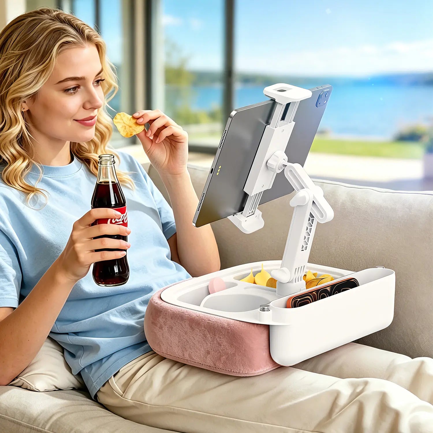 Esamcore Adjustable Tablet Pillow Stand with Snack Tray - Compatible with 4.7-14.6" Devices for Hands-Free Viewing on Bed, Couch, or Floor - Soft, Machine Washable Cover